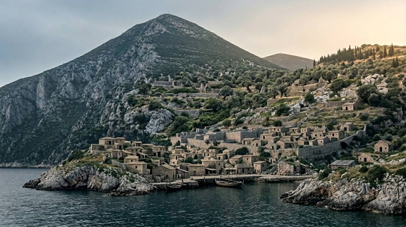 Ithaca at dawn — the village spilling toward the harbor.